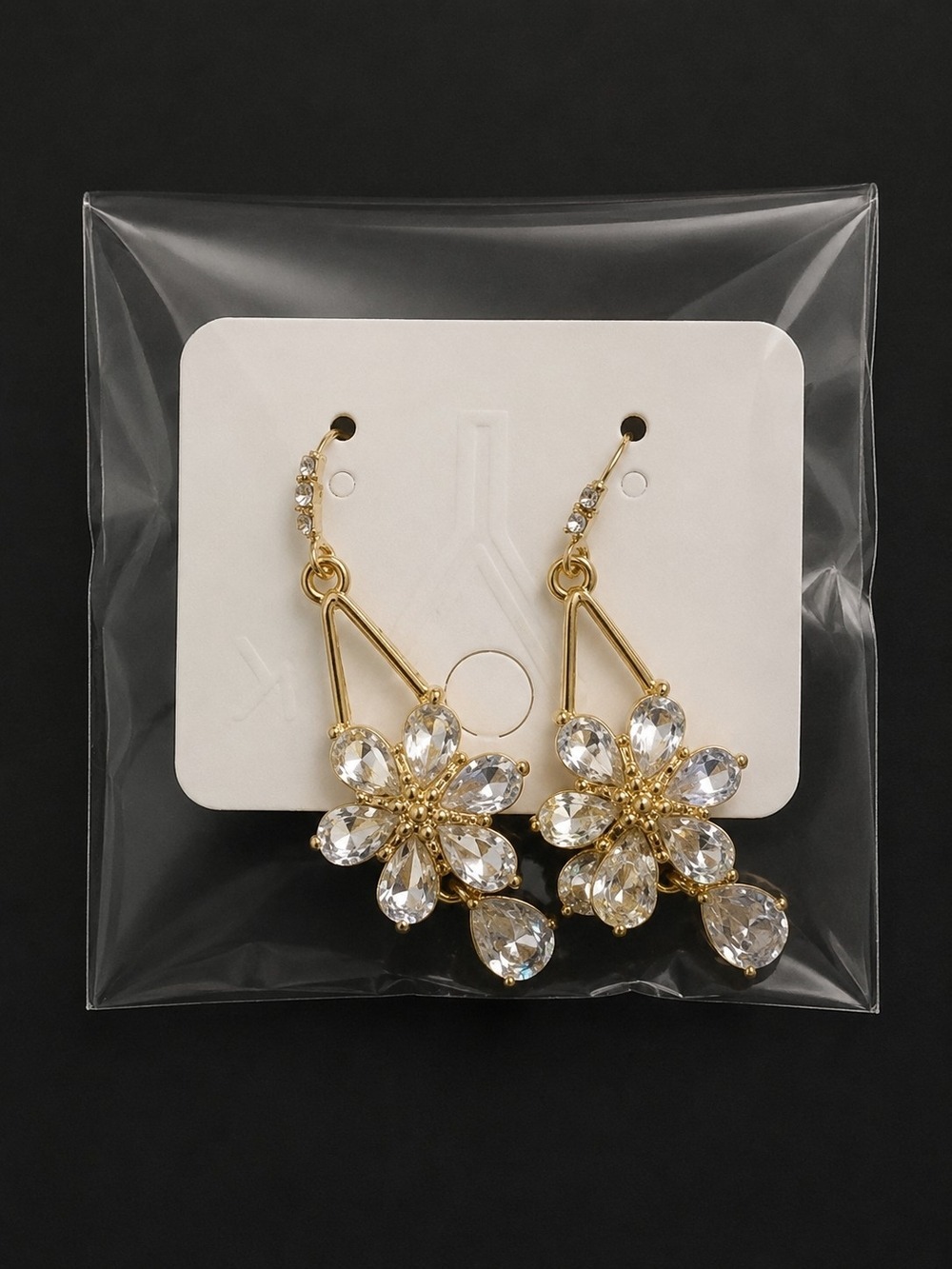 Gold Floral Crystal Drop Earrings Women Jewelry - Picture 4 of 4
